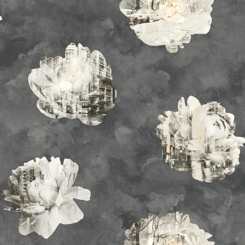 Double Exposure Removable Wallpaper, 20.5 in. x 33 ft. = 56 sq.ft, in metallic gray/black/off white