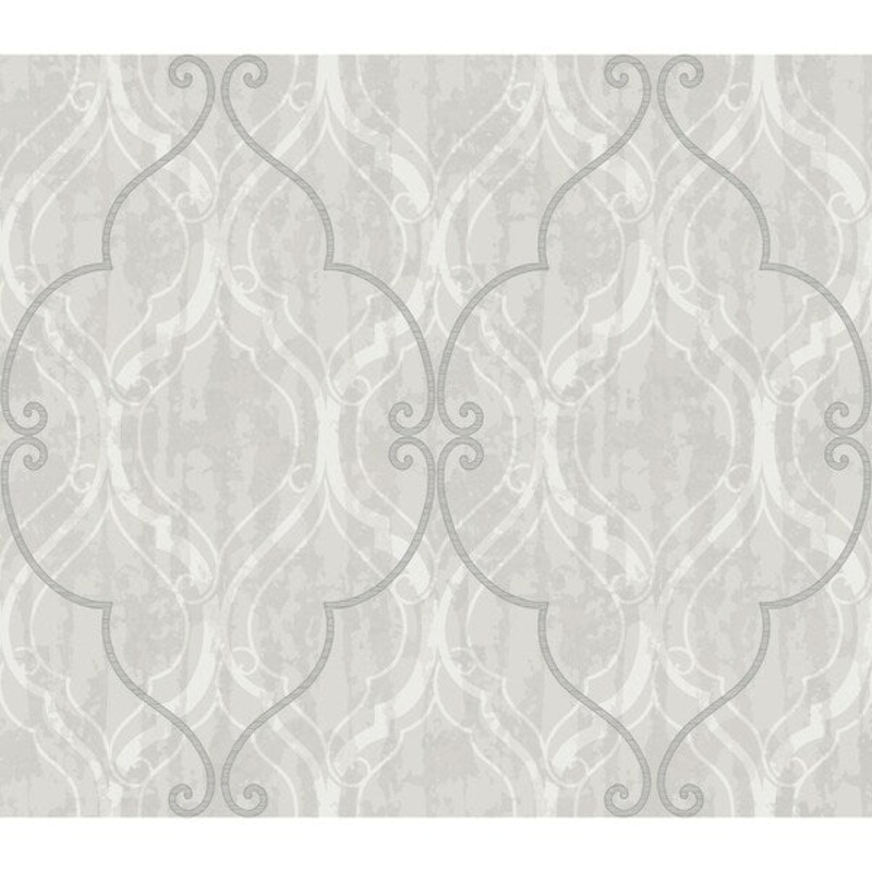 Corsica Ogee/Scrolls-Leaf / Ironwork Wallpaper, In Gray