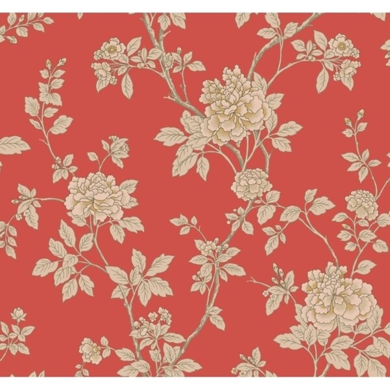 Chinese Peony Wallpaper, 27 in. x 27 ft. = 60.75 sq.ft., in bright red, off-white, beige, brown, metallic gold