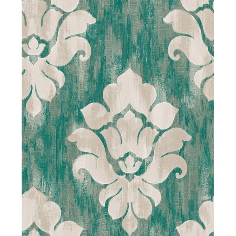 Corsica Damask Wallpaper, In Cotton Cyan & Off-White