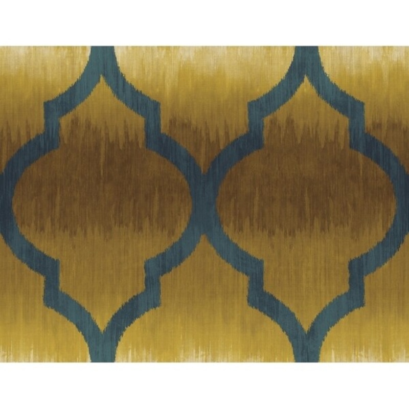 Catamount Ogee Wallpaper, In Metallic Gold & Prussian Blue