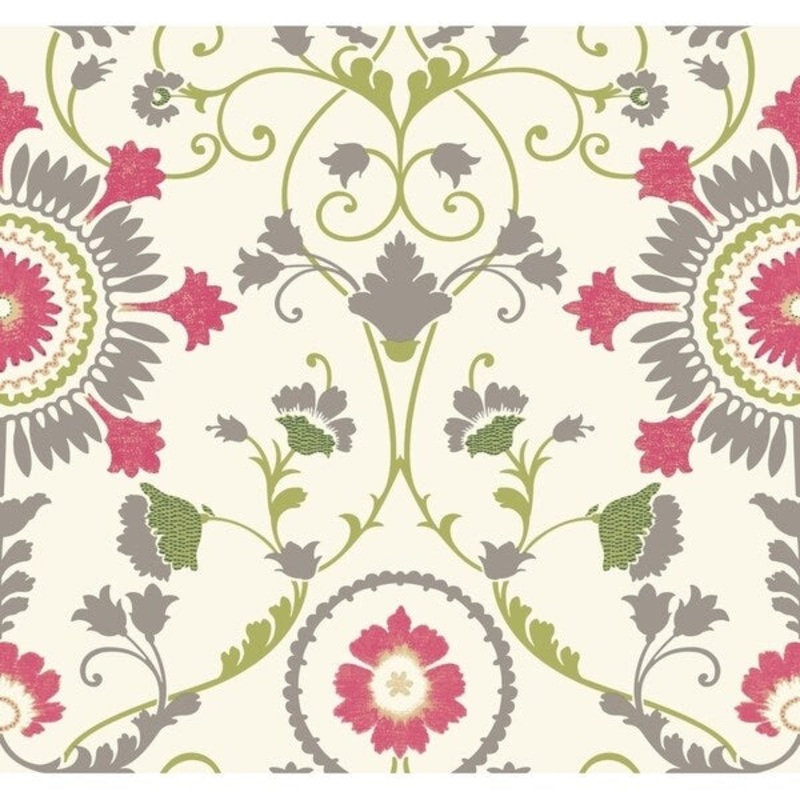 Enamel Ornament Wallpaper, 27 in. x 27 ft. = 60.75 sq.ft., in white, pink, grey, yellow/green, beige, dark blue