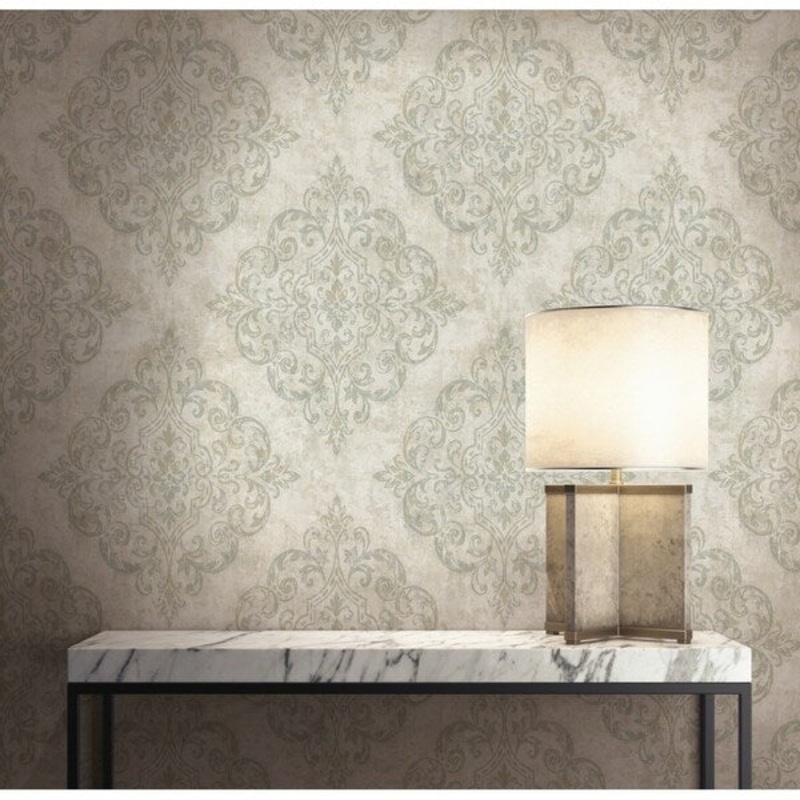 Atelier Damask/Harlequin Wallpaper, In Gray, Metallic Gold, & Taupe