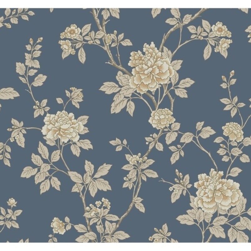 Chinese Peony Wallpaper, 27 in. x 27 ft. = 60.75 sq.ft., in indigo blue, grey, white, metallic gold