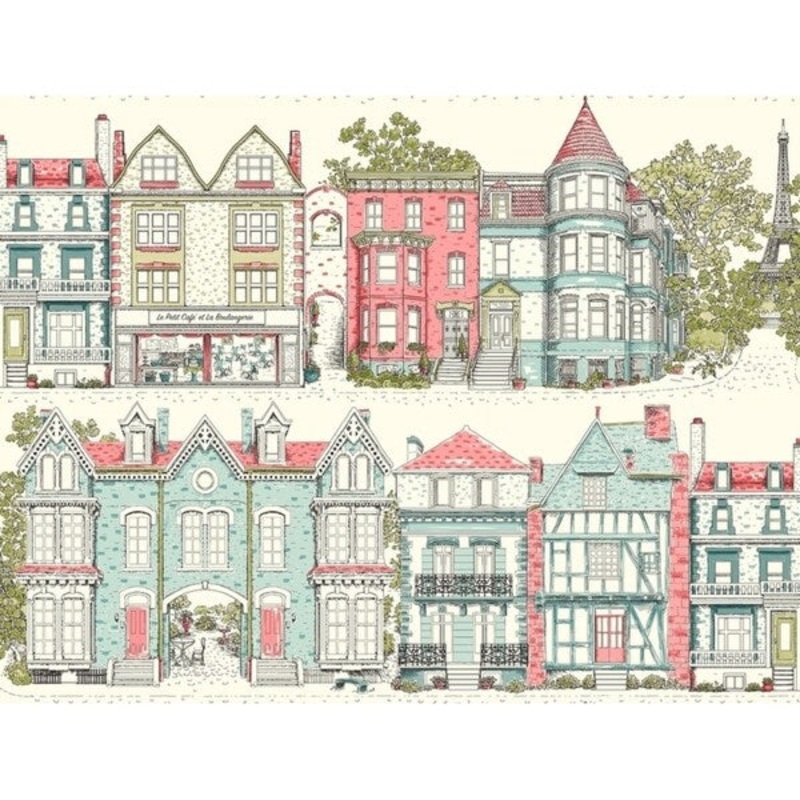 Brownstone Terrace Wallpaper, 27 in. x 27 ft. = 60.75 sq.ft., in red/green/blue