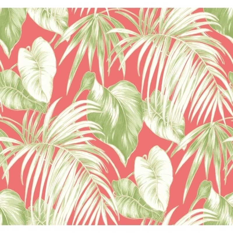 Dominica Leaves/Leaf/Tropical Wallpaper, In Salmon, Green, & White