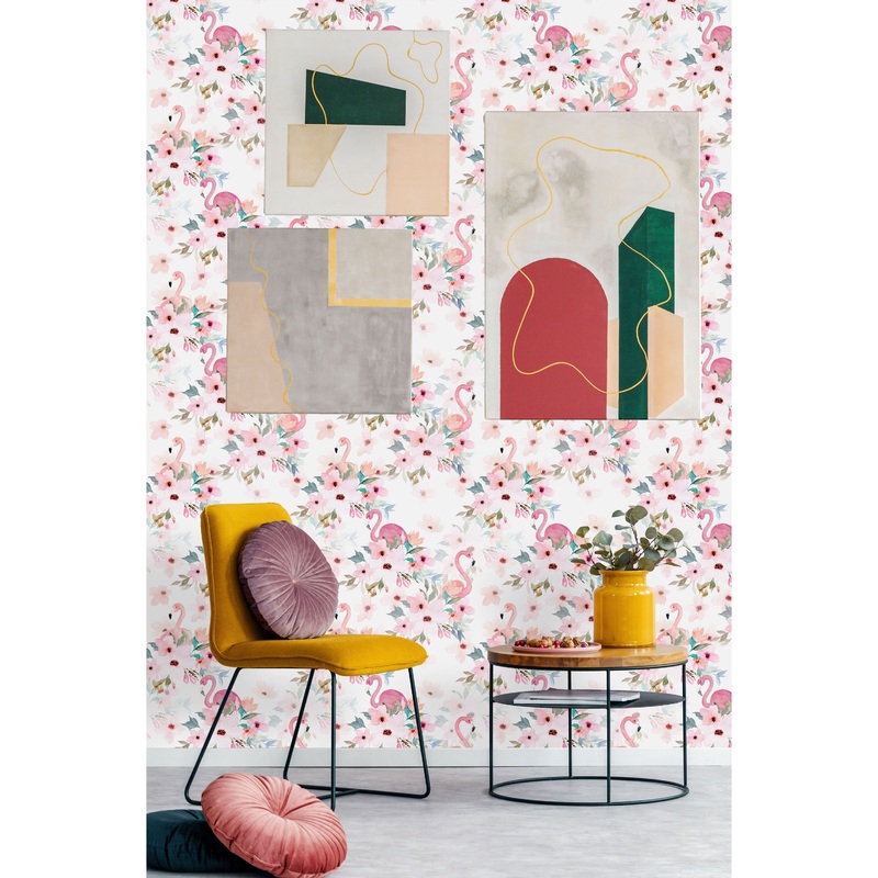 Flamingos with Peonies Peel and Stick Wallpaper