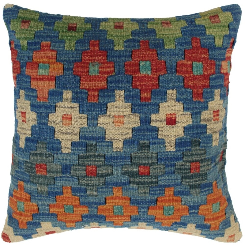 Soila Blue/Beige Hand-Woven Kilim Throw Pillow - 1'6 x 1'6