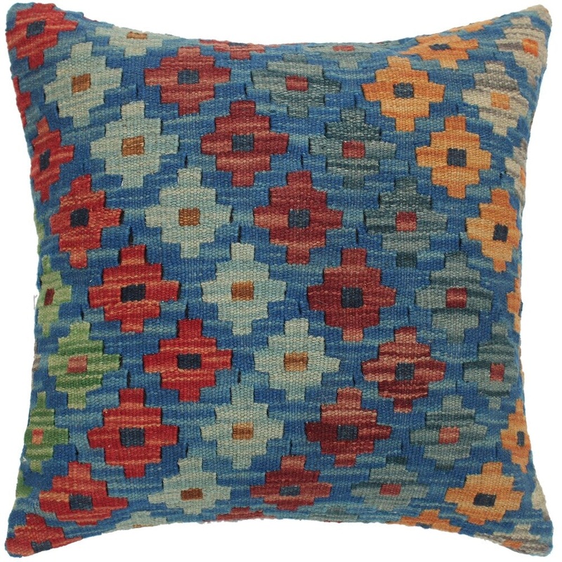 Carl Blue/Green Hand-Woven Kilim Throw Pillow - 1'6 x 1'6