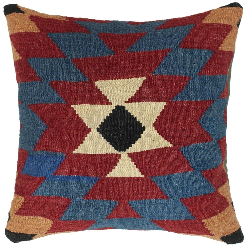 Berna Blue/Red Hand-Woven Kilim Throw Pillow - 1'8 x 1'8