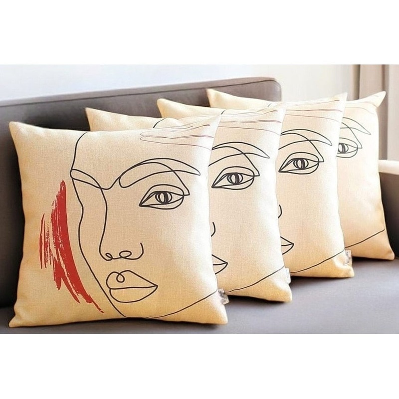Set of Four 18" Ivory Black and Red Abstract Face Fabric Throw Pillows