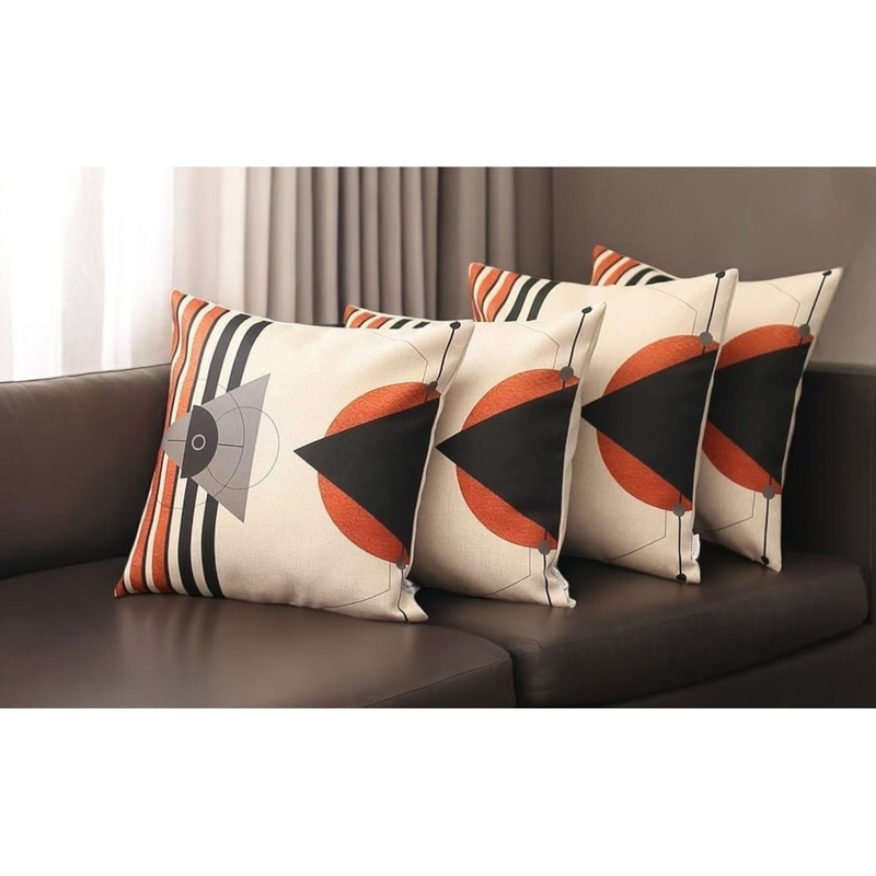 Set of Four 18" Ivory Red and Black Geometric Fabric Throw Pillows