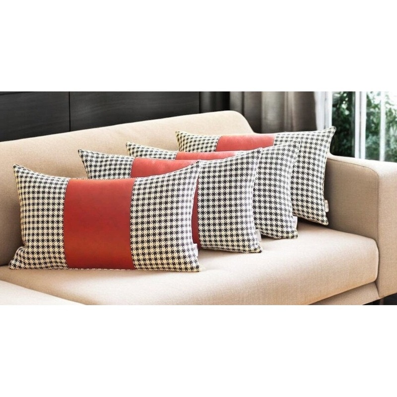 Set Of Four 20" X 12" Black And Red Polyester Houndstooth Zippered Pillow