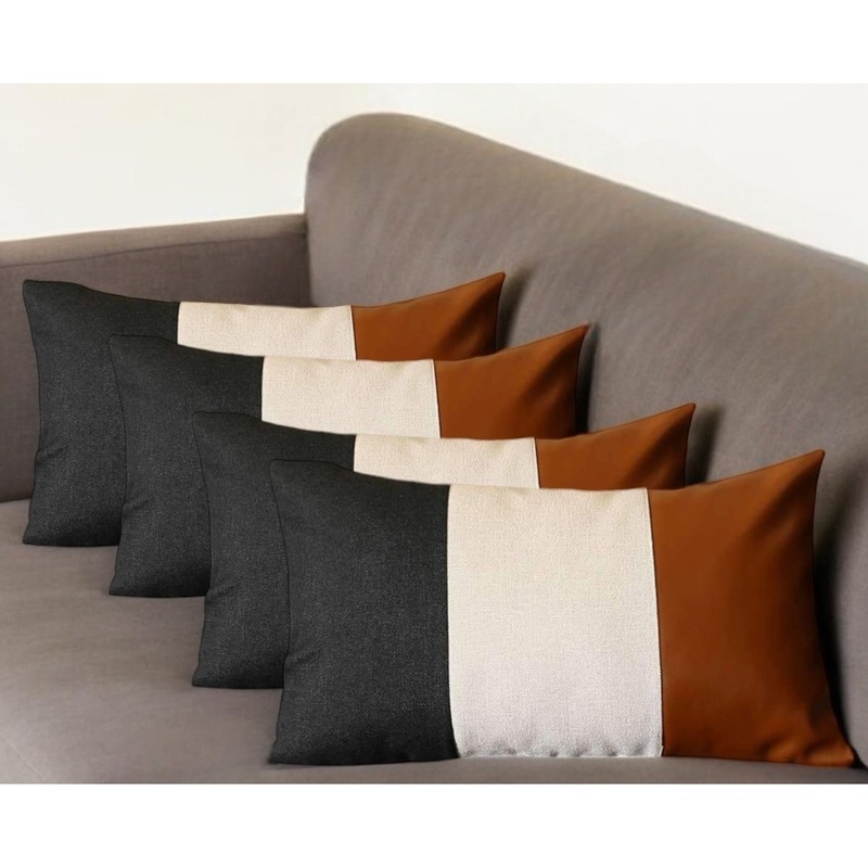 Set Of Four 20" X 12" Black Grey And Brown Polyester Geometric Zippered Pillow