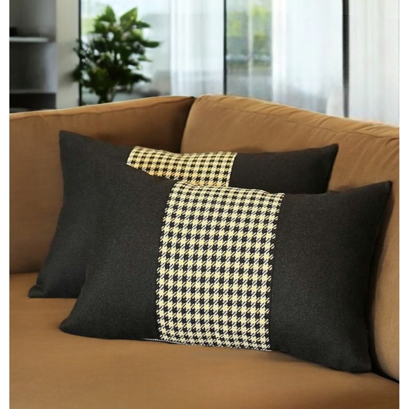 Set of Two 12" X 20" Black and Yellow Houndstooth Fabric Lumbar Throw Pillows