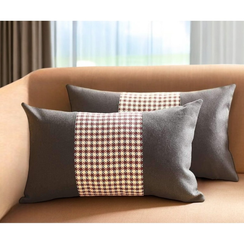 Set of Two 12" X 20" Black Red and White Houndstooth Fabric Lumbar Throw Pillows