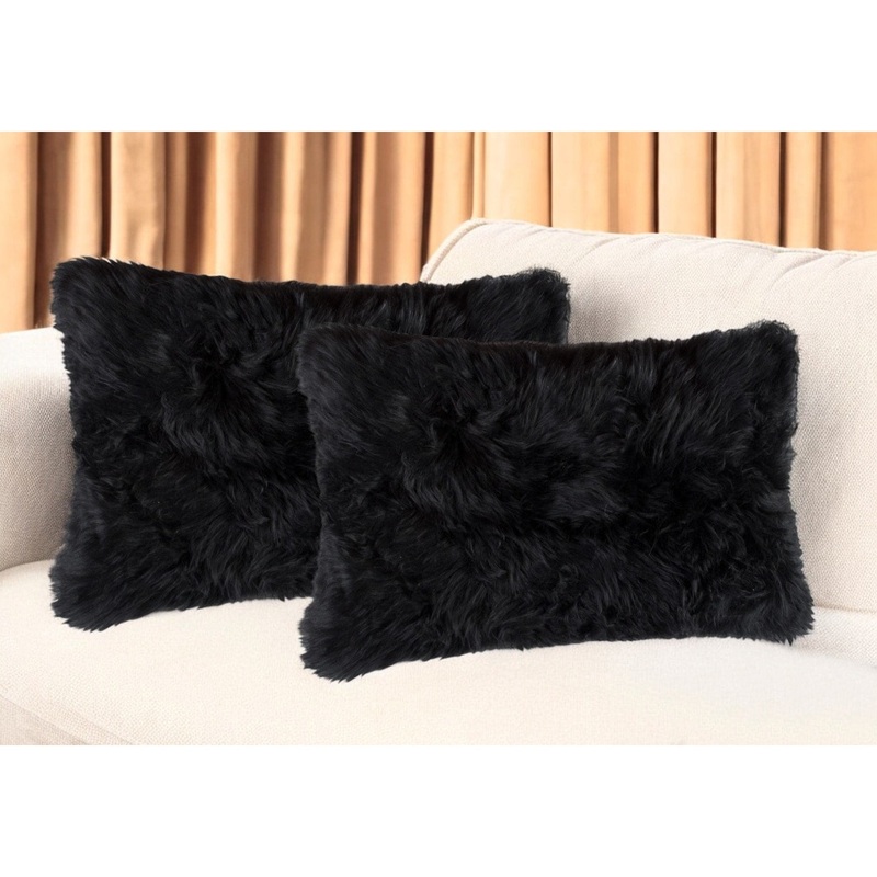 Set of Two 12" X 20" Black Sheepskin Lumbar Throw Pillows