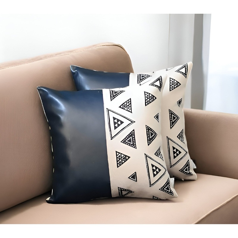 Set of Two 17" Navy Black and White Geometric Fabric and Faux Leather Throw Pillow Covers