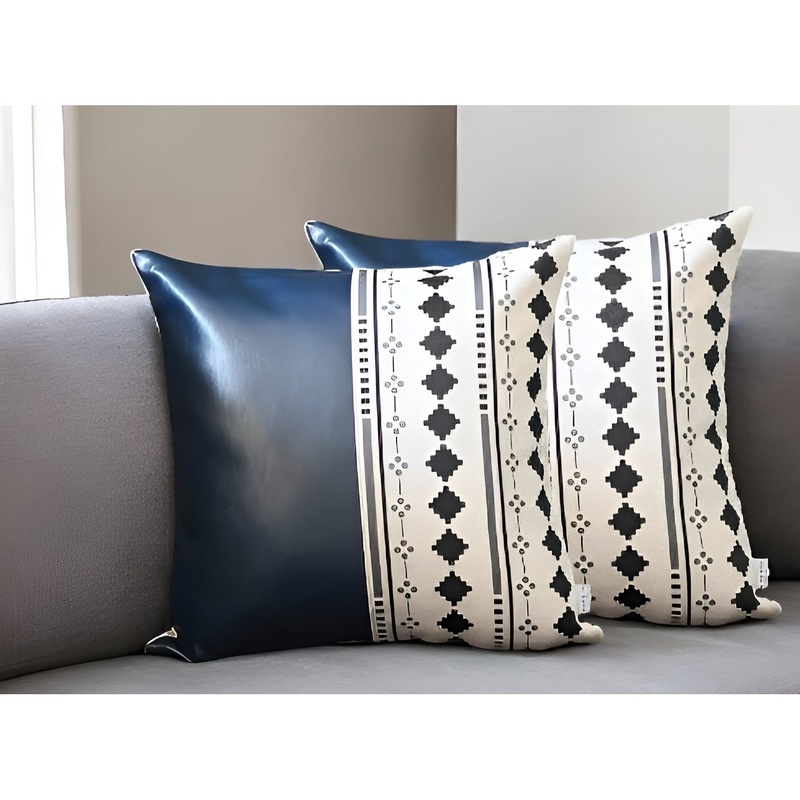 Set of Two 17" Navy Blue Faux Leather Throw Pillow Covers