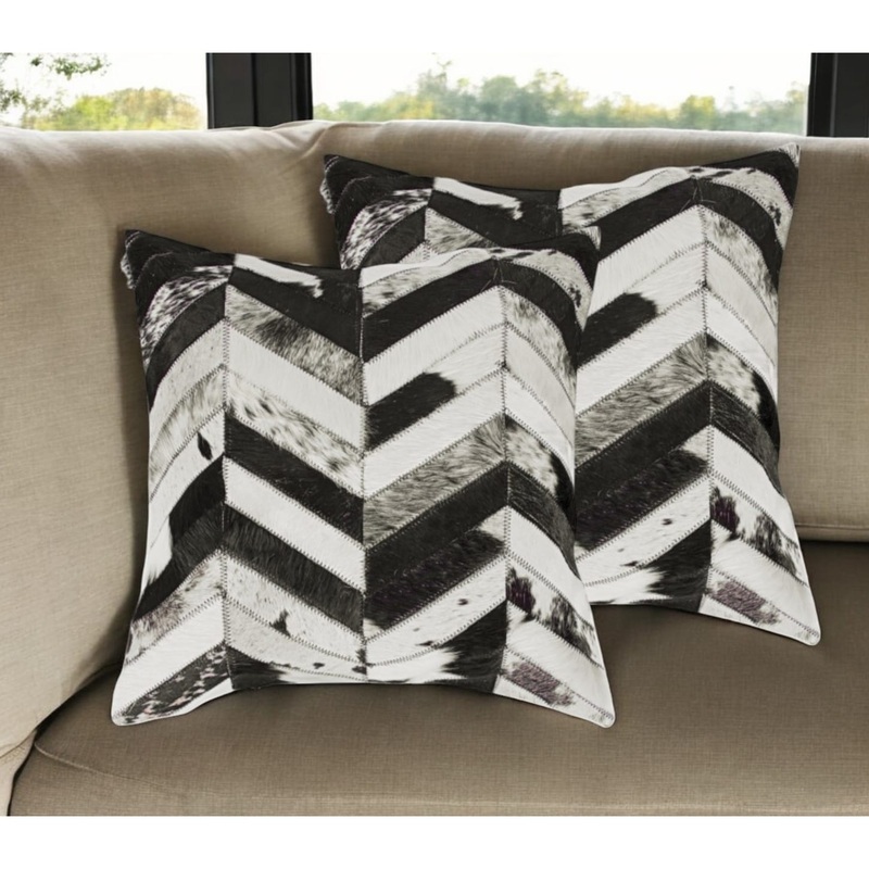 Set of Two 18" Black and Natural Chevron Cowhide Throw Pillows