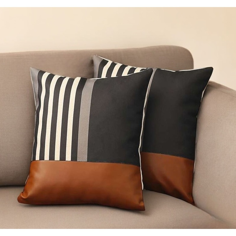 Set of Two 18" Brown Black and Ivory Striped Fabric and Faux Leather Throw Pillows