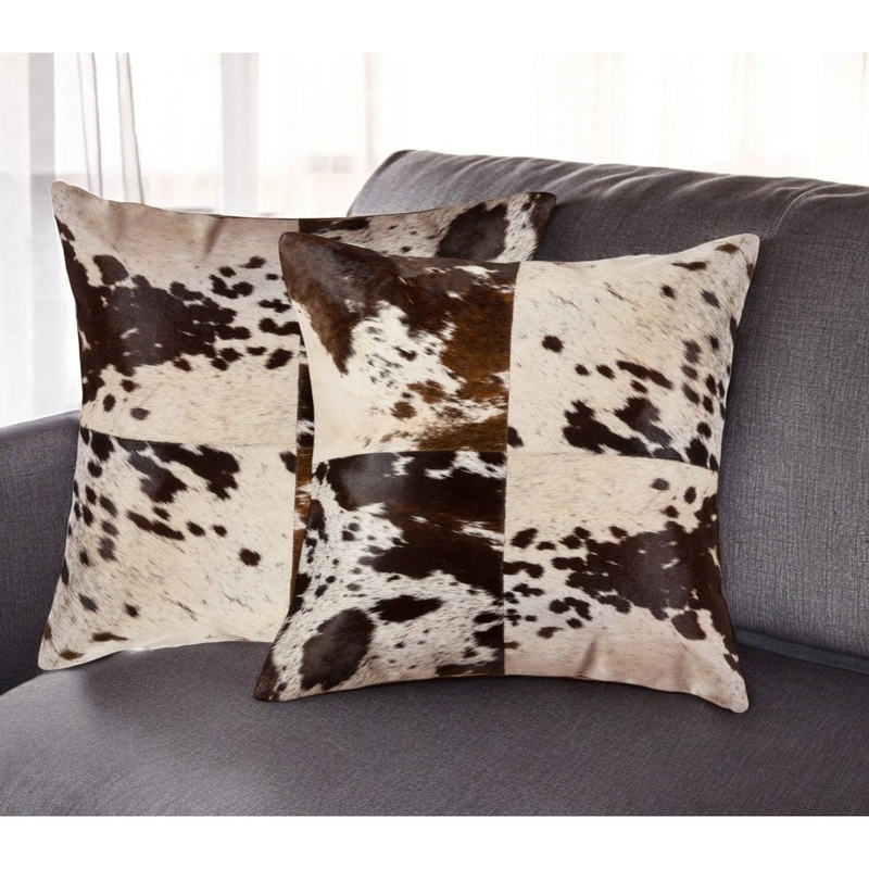 Set of Two 18" Chocolate and White Cowhide Cowhide Throw Pillows