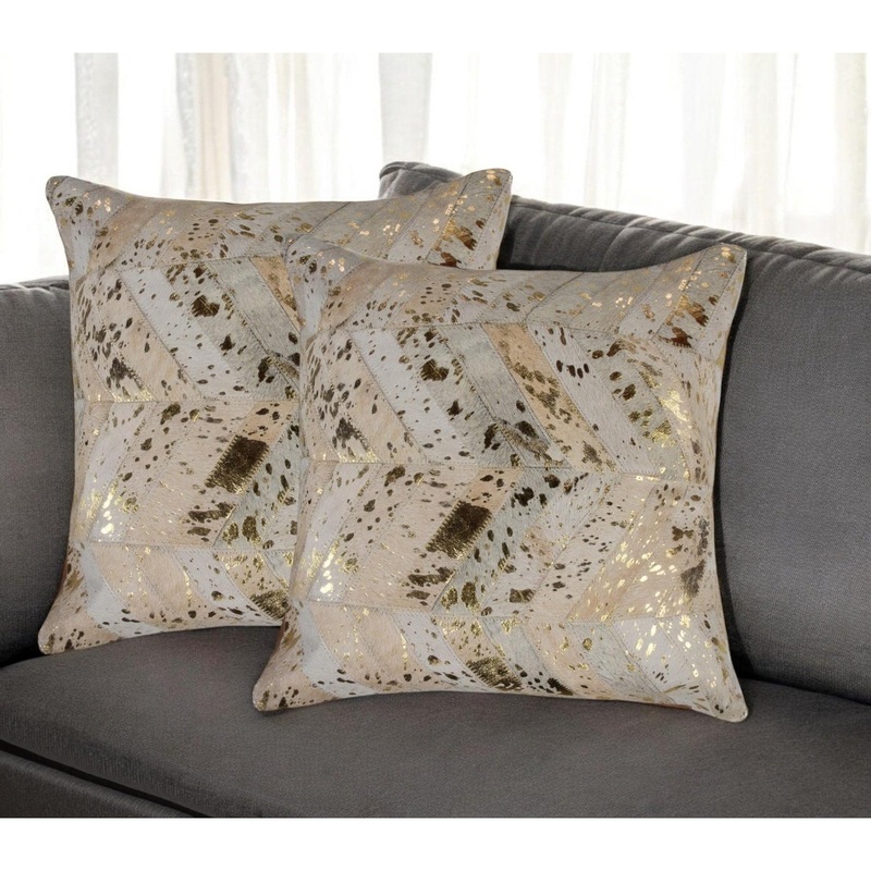 Set of Two 18" Natural and Gold Chevron Cowhide Throw Pillows with Glitter