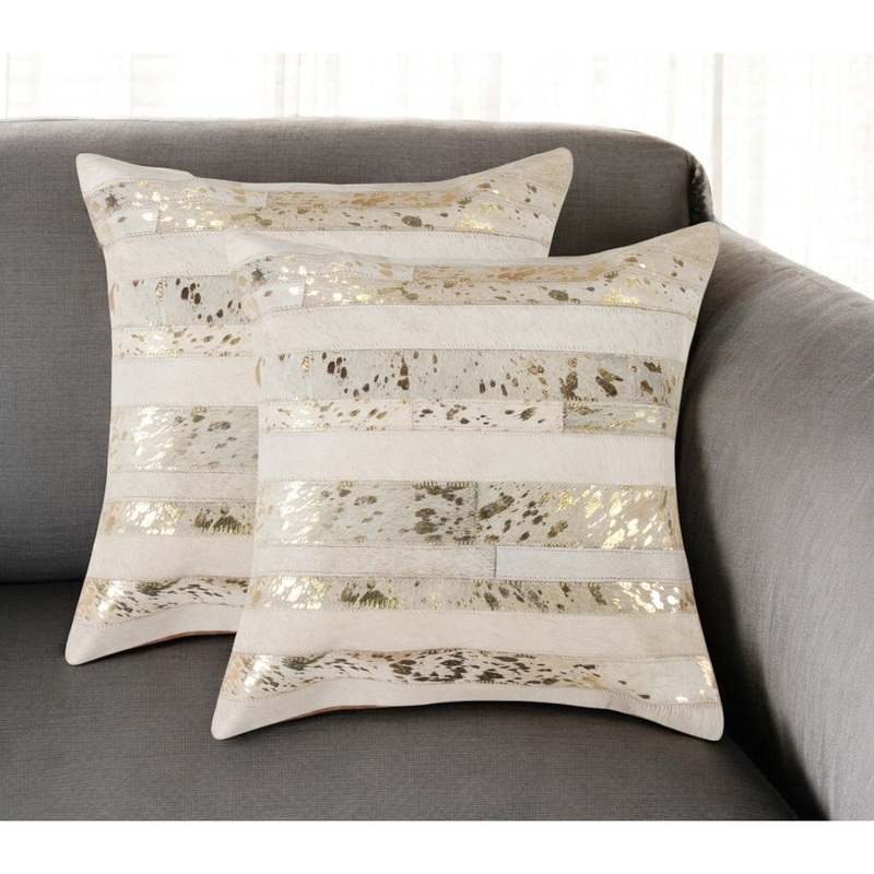 Set of Two 18" Natural and Gold Striped Cowhide Throw Pillows with Glitter
