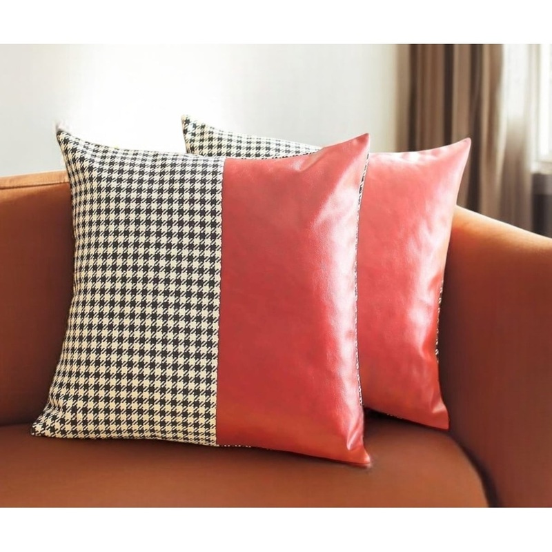 Set of Two 18" Red Black and White Houndstooth Fabric and Faux Leather Throw Pillows