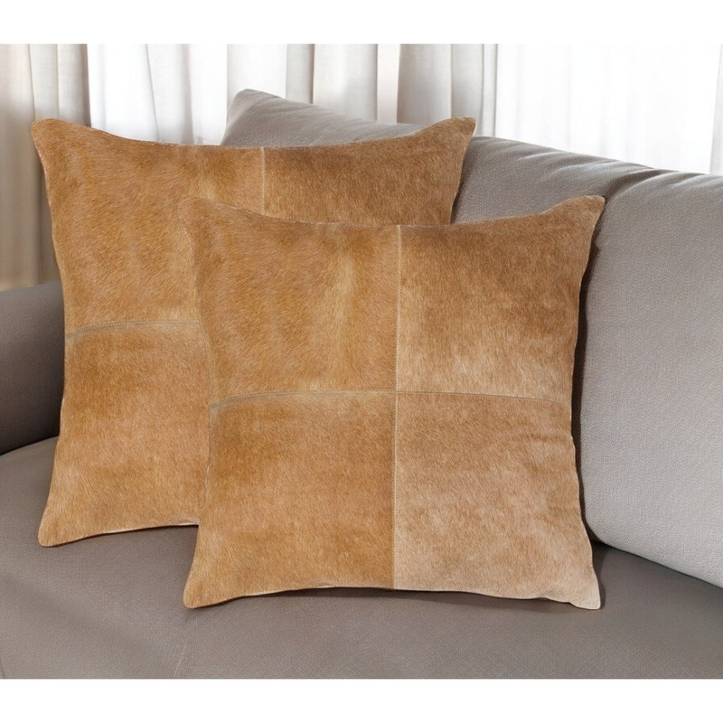 Set of Two 18" Tan Cowhide Throw Pillows