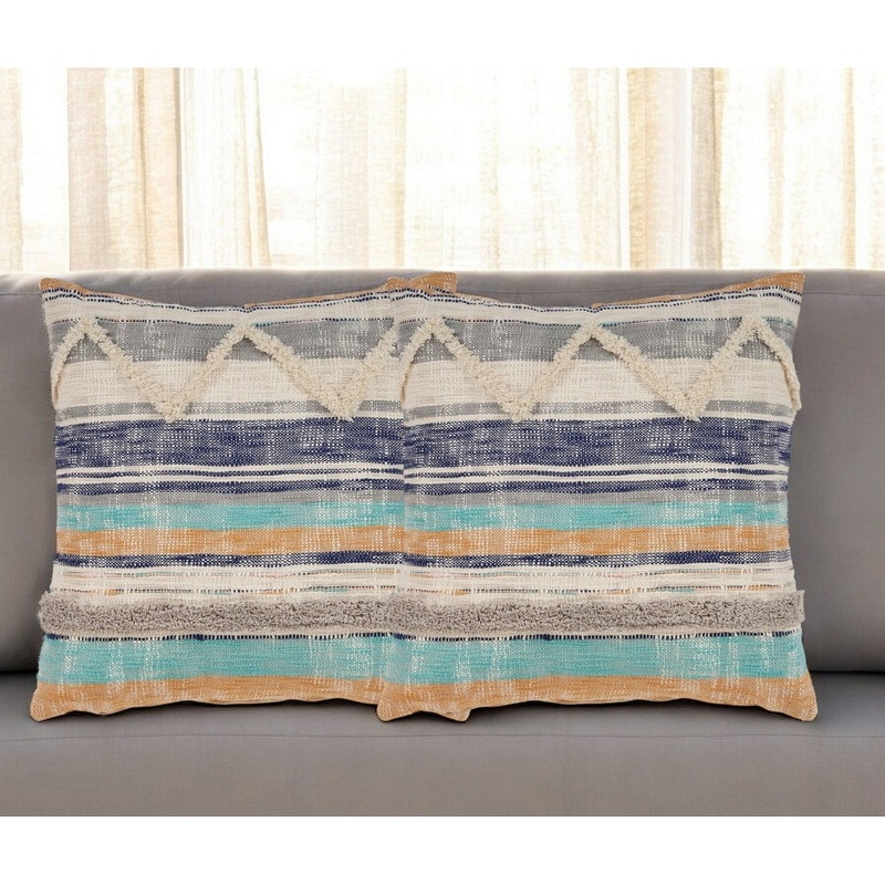 Set of Two Blue Striped Cotton Throw Pillow With Fringe