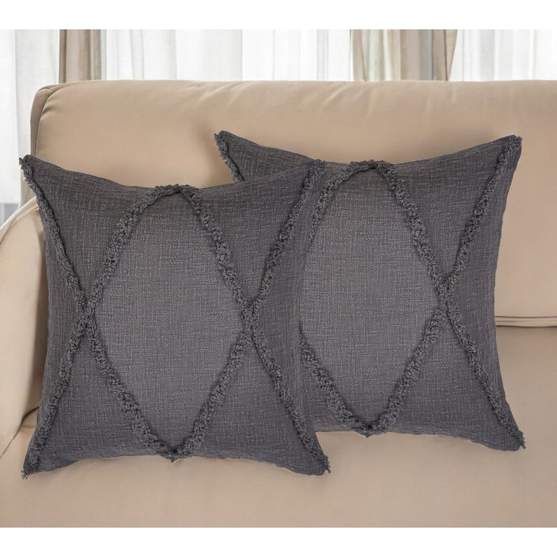 Set of Two Dark Gray Diamond Cotton Throw Pillow With Fringe