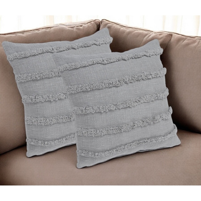 Set of Two Gray Ribbed Cotton Throw Pillow With Fringe
