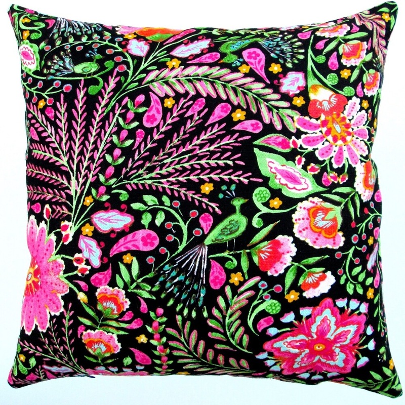 Artisan Pillows Indoor 18-inch Peackock Pink Garden Flowers in Black Modern Cottage Floral Accent Throw Pillow Cover