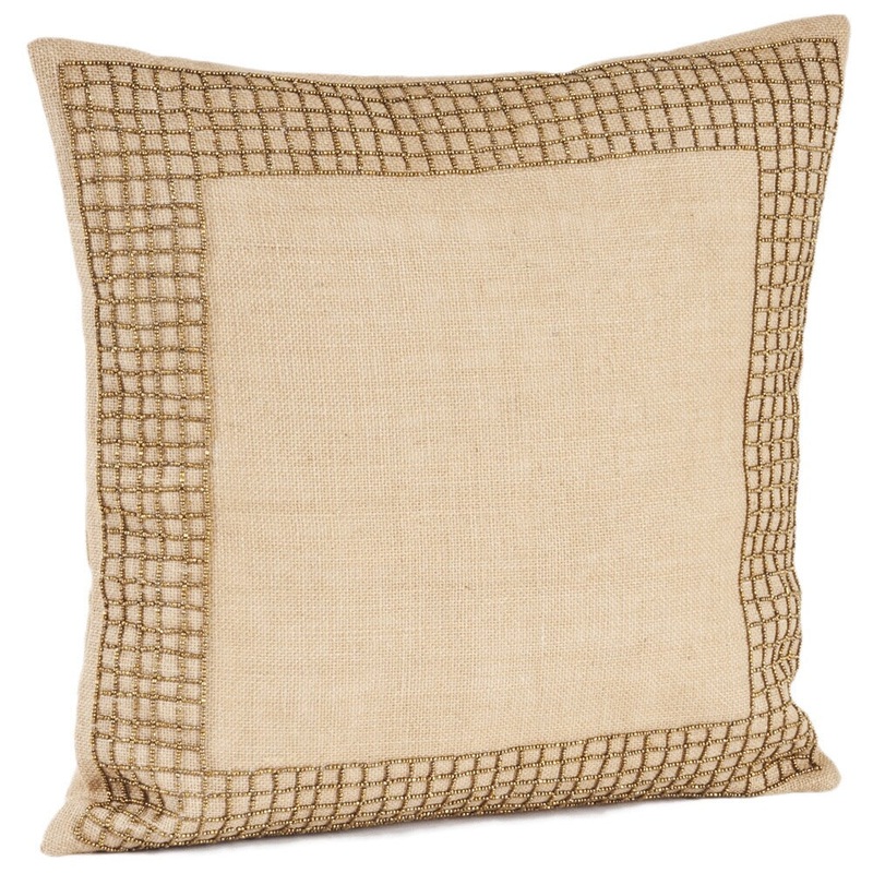 Beaded Design Burlap Down Filled Throw Pillow