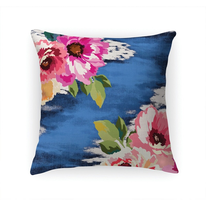 BRIGHT FLORAL ROYAL Linen Throw Pillow By Kavka Designs