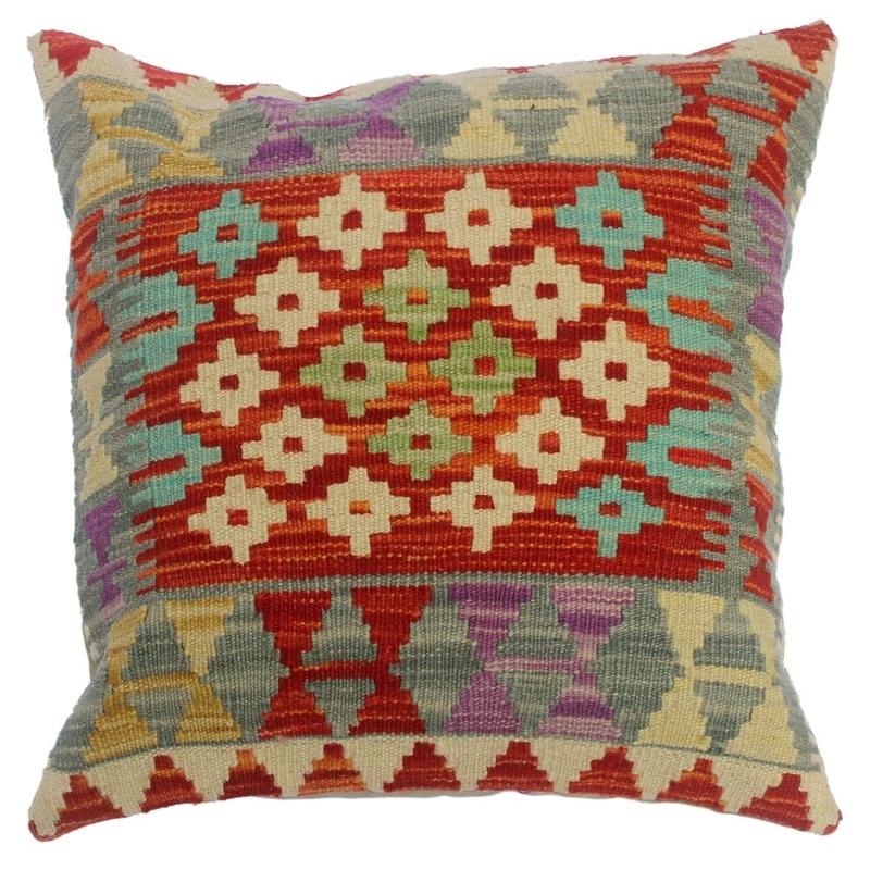 Cheri Red/Gray Hand-Woven Kilim Throw Pillow(18"x18")