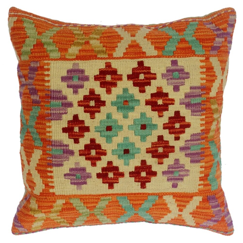 Cherry Orange/Ivory Hand-Woven Kilim Throw Pillow(18"x18")