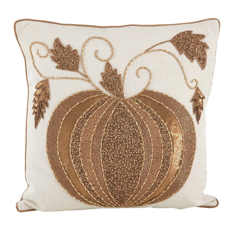 Beaded Thanksgiving Pumpkin Design Accent Throw Pillow