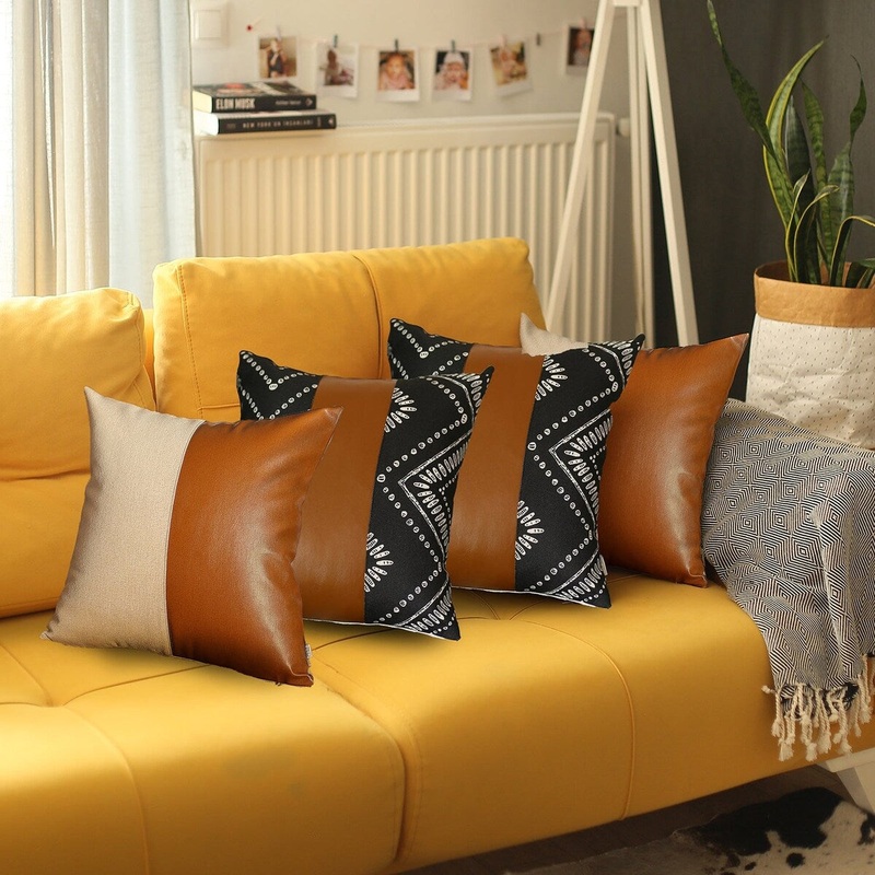 Bohemian Mixed Set of 4 Vegan Faux Leather Brown Geometric Throw Pillow Cover