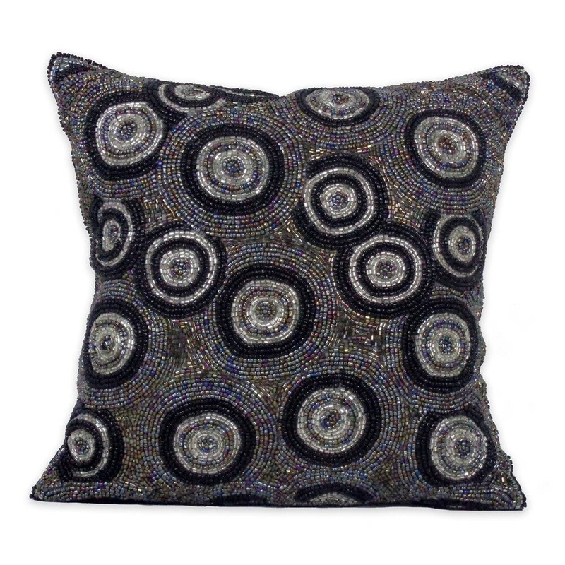 Celebration Circle Design Grey Beaded Decorative Pillow