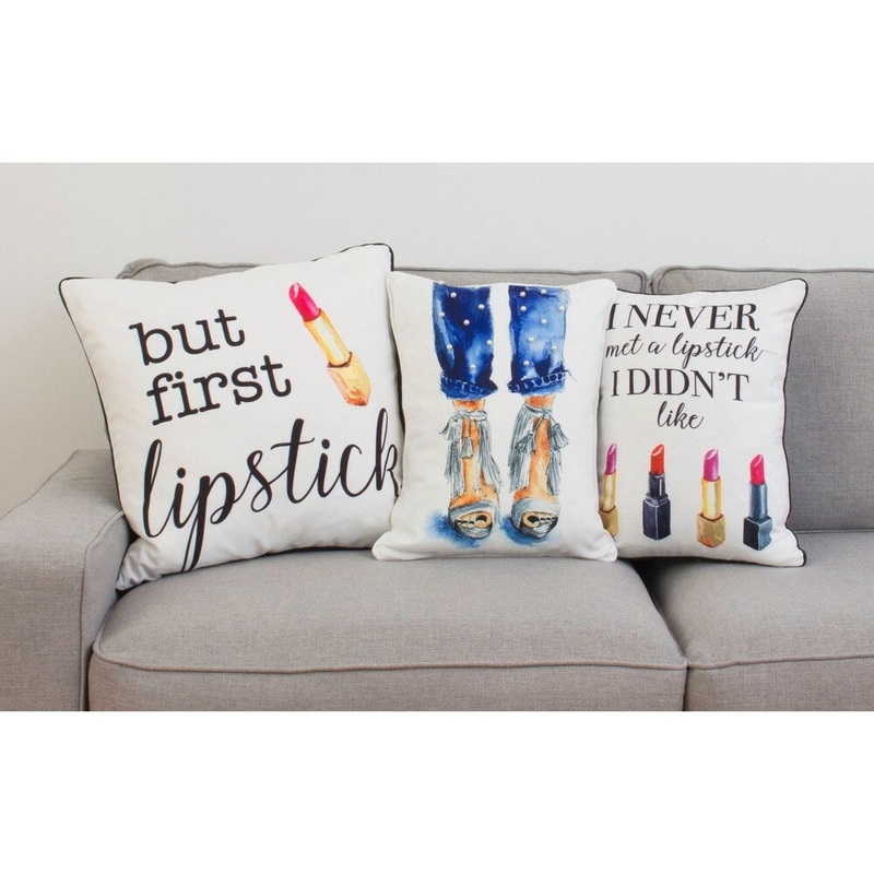 Thro 20" Becca But First Lipstick Raised Foil Printed Typography Pillow