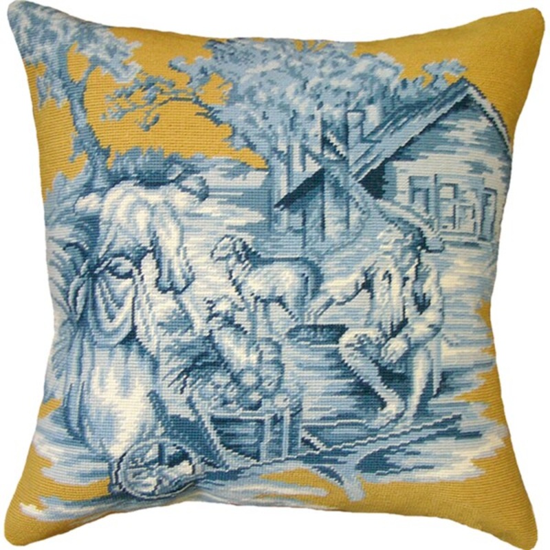 Blue and Yellow Country Toile Needlepoint 20-inch Decorative Pillow - Blue/Yellow