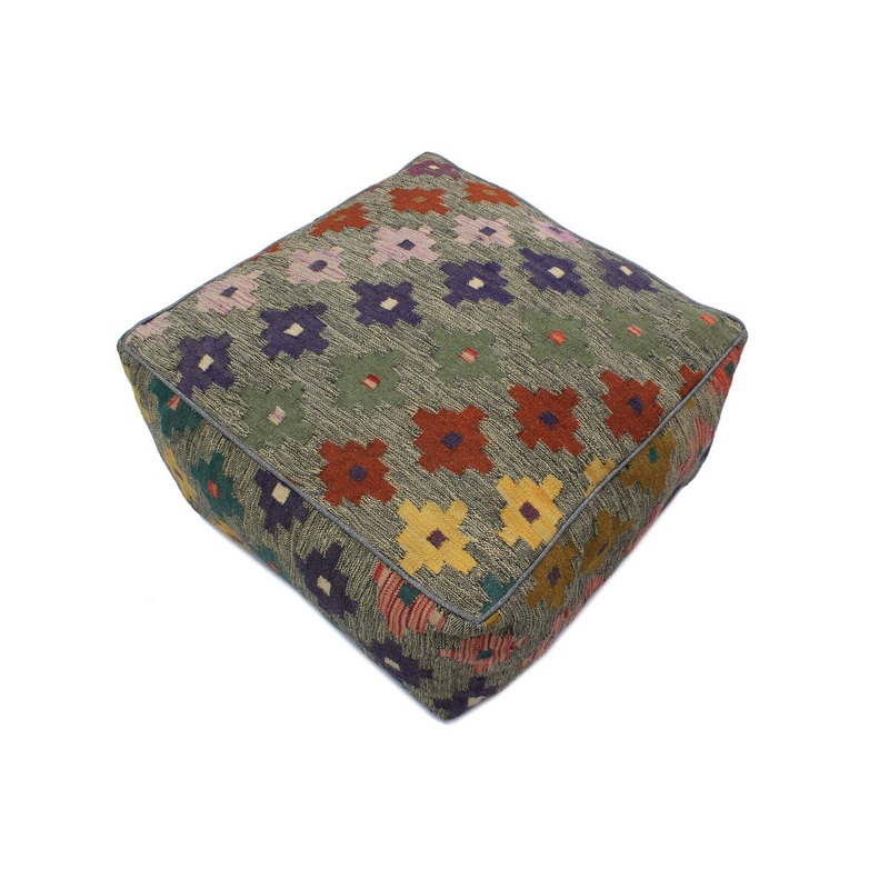 Bobby Gray/Gold Hand-Woven Kilim Floor Cushion- 27'" x 27" x 12"