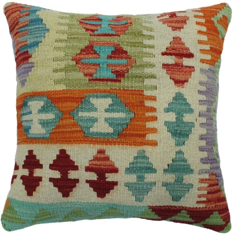 Carmicha Ivory/Red Hand-Woven Kilim Throw Pillow -17"x17"