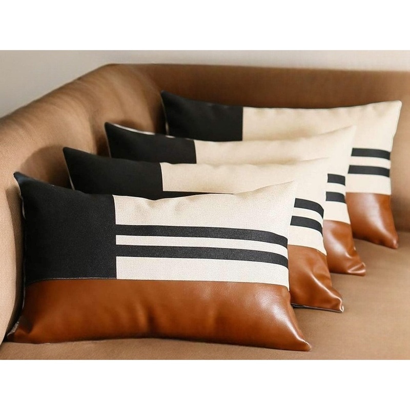 Set of Four 12" X 20" Brown Black and Ivory Striped Fabric and Faux Leather Lumbar Throw Pillows