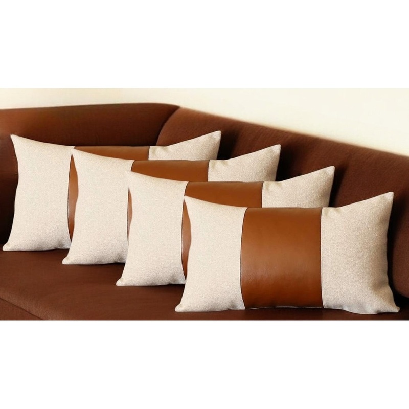 Set of Four 12" X 20" Ivory and Brown Color Block Fabric and Faux Leather Lumbar Throw Pillows