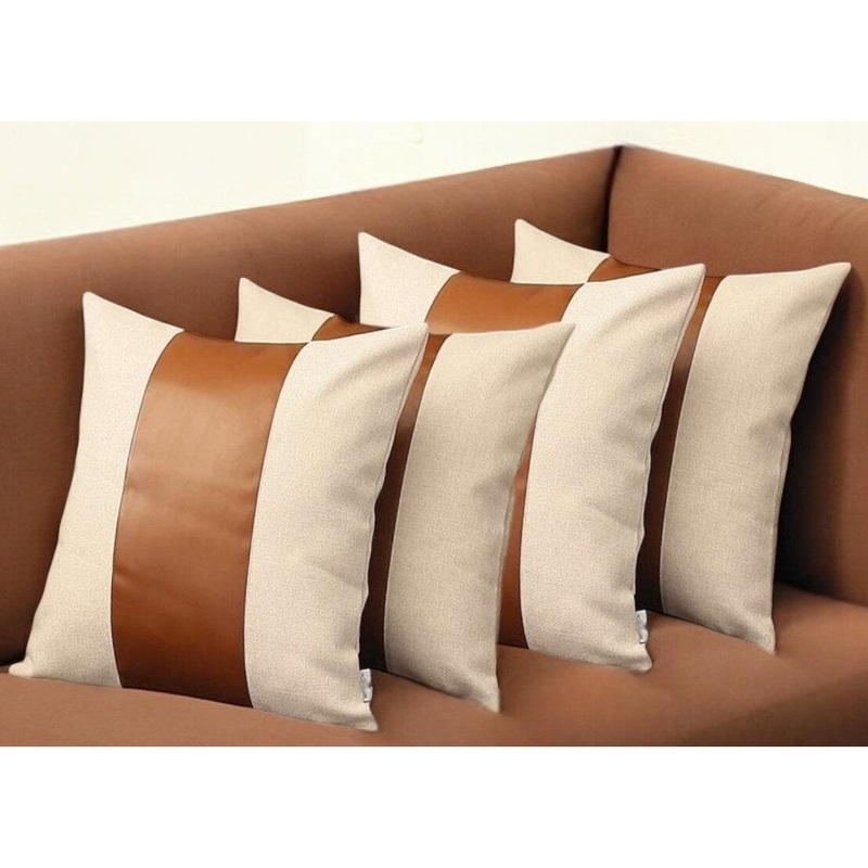 Set of Four 18" Ivory and Brown Color Block Fabric and Faux Leather Throw Pillows