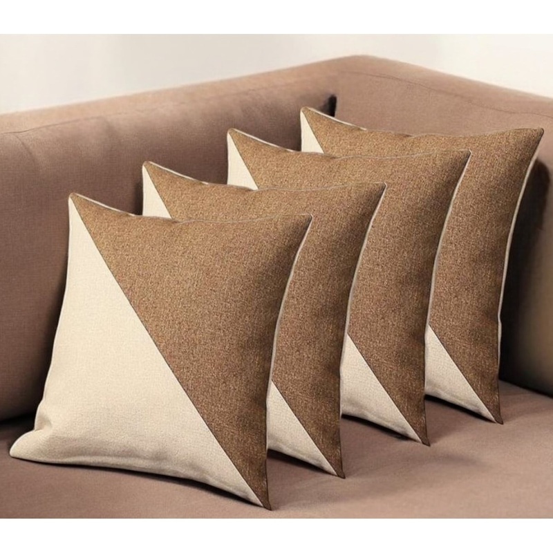 Set of Four 18" Ivory and Brown Color Block Fabric Throw Pillows