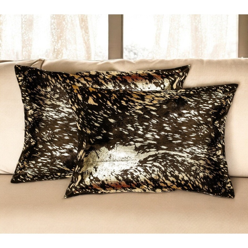 Set of Two 12" X 20" Chocolate and Gold Abstract Cowhide Lumbar Throw Pillows with Glitter